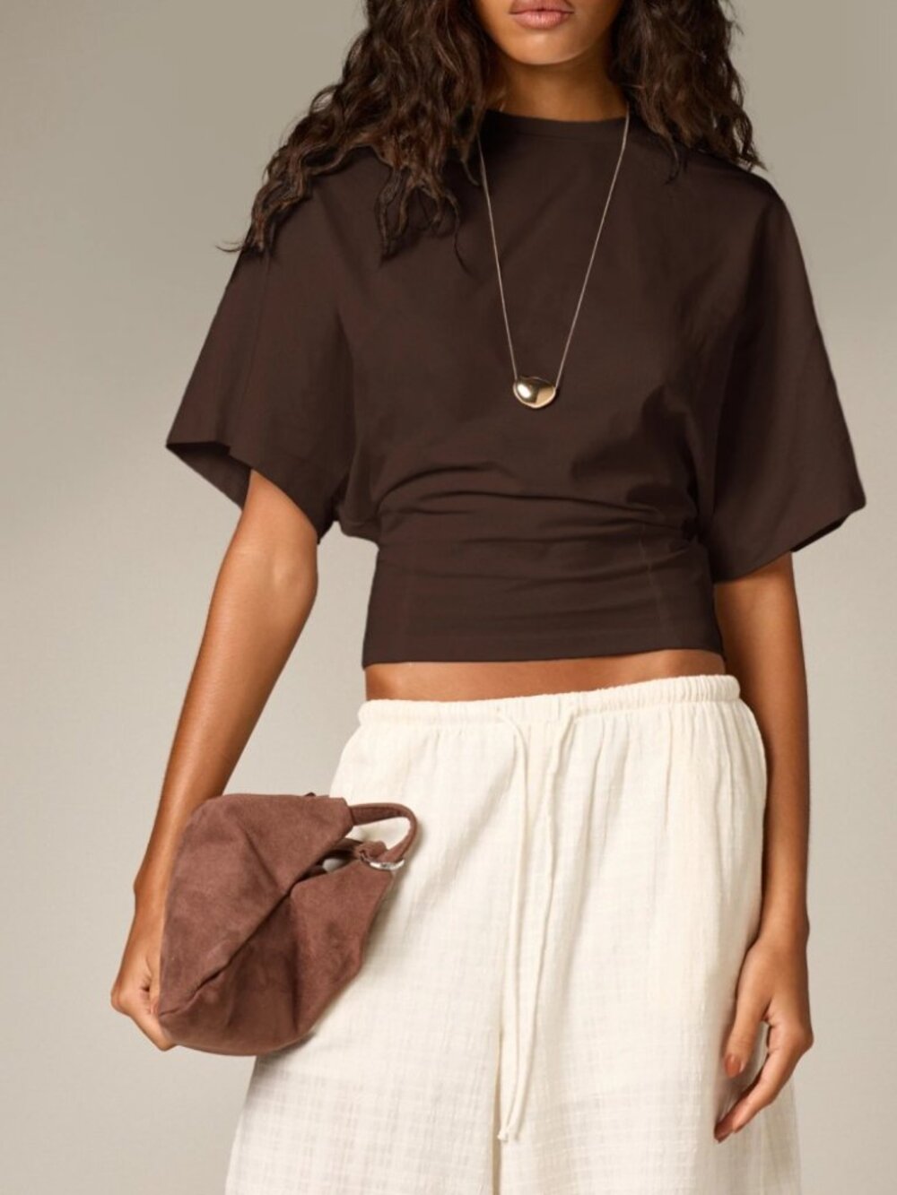 Brown Boxy Crop Top with Oversized Sleeves